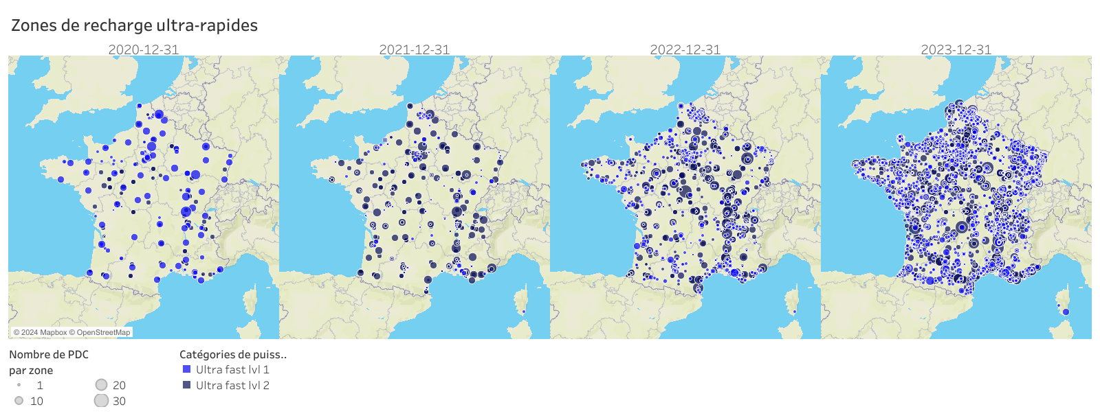 Carte de France montrant l'évolution de l'implantation de la recharge ultra rapide de 2020 à 2023