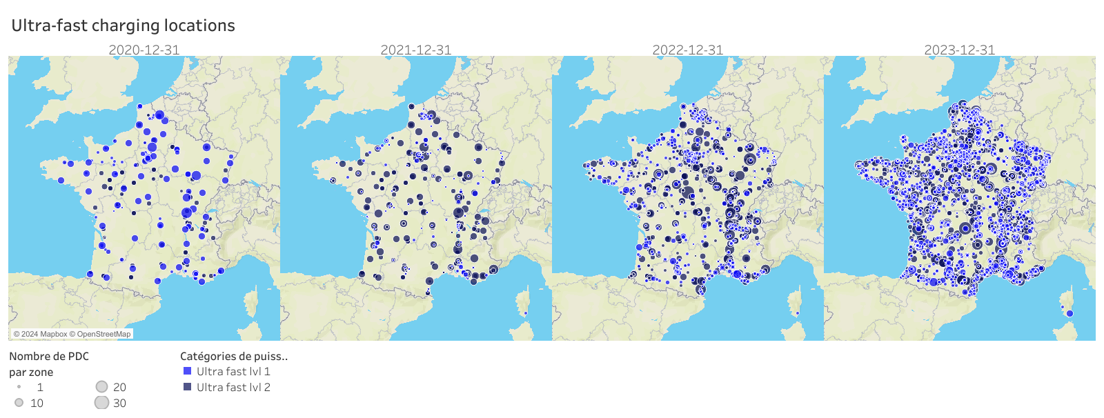 Map of France with the location of ultra fast charging points, showing the evolution from 2020 to 2023.